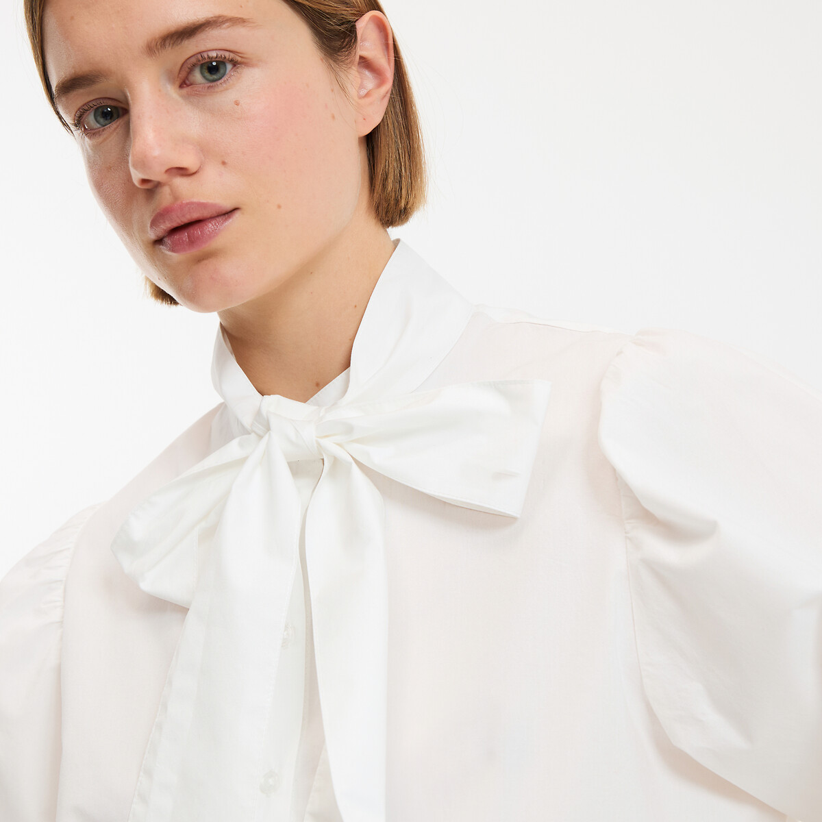 Chemise lavallière, manches longues, en coton blanc, LA REDOUTE COLLECTIONS