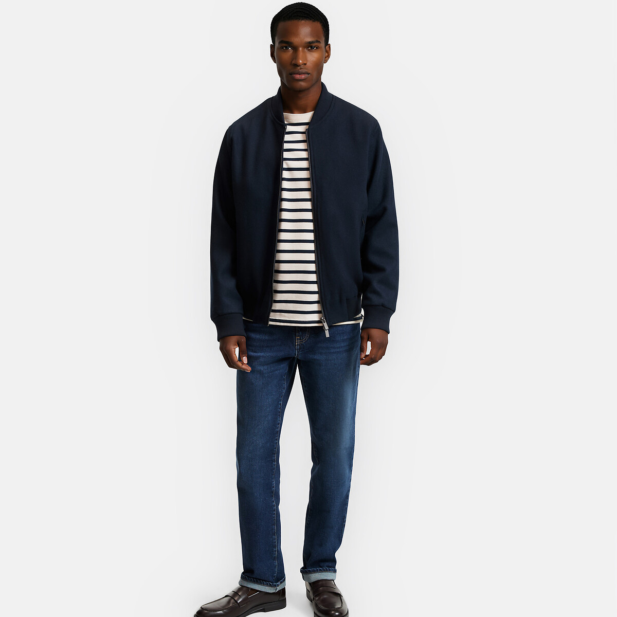 Blouson bomber en drap de laine bleu marine, LA REDOUTE COLLECTIONS