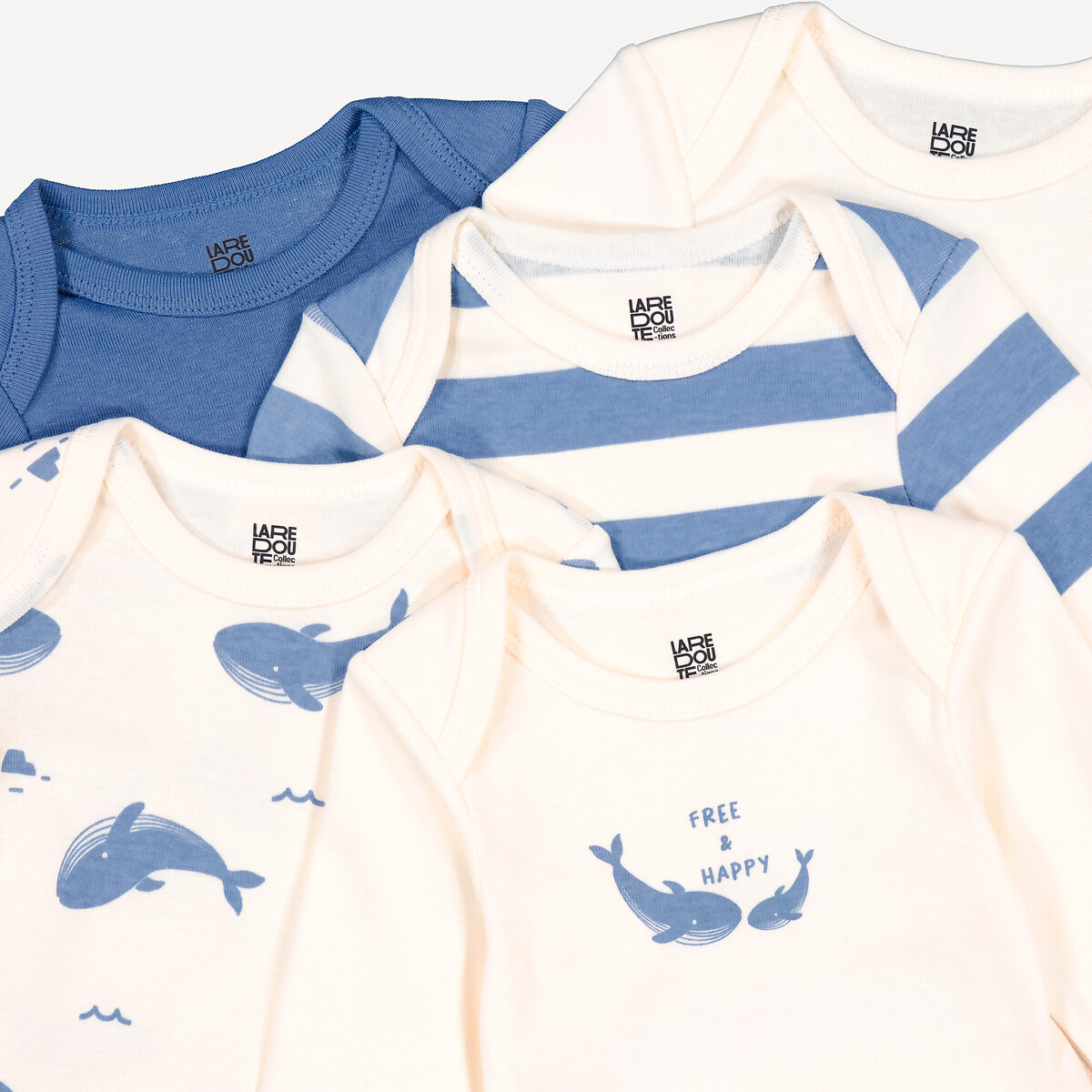 Confezione di 5 body a maniche lunghe con spalle all’americana, tema marino bianco écru + blu, LA REDOUTE COLLECTIONS