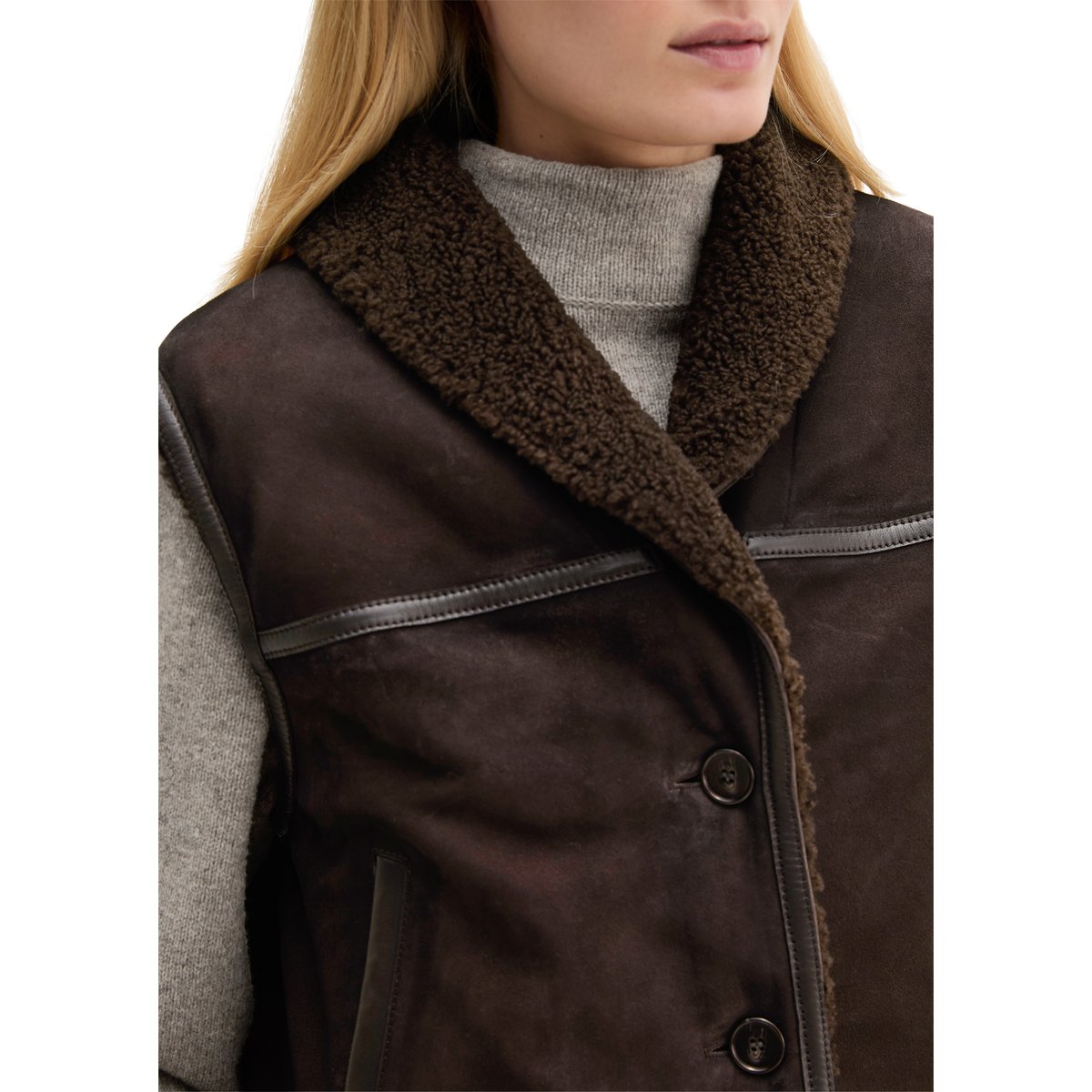 Gilet en cuir coupe classique avec une doublure en peluche imitation fourrure à l'intérieur marron, MARC O'POLO