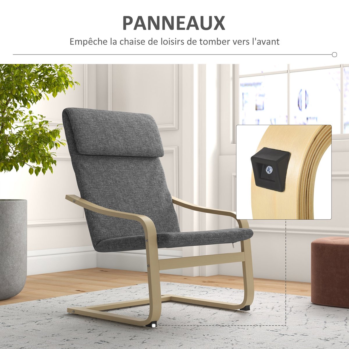 Accent Chair Polyester Gris gris foncé, cadre bois naturel, HOMCOM