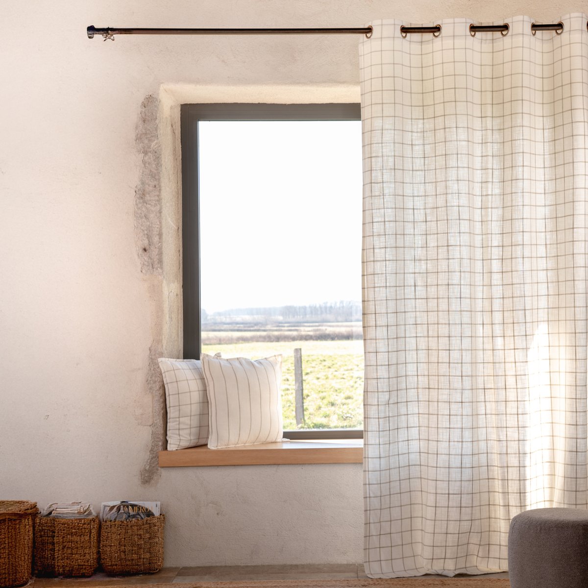 Rideau 100% coton à carreaux beige LOURMARIN - QABANE beige, HOME MAISON