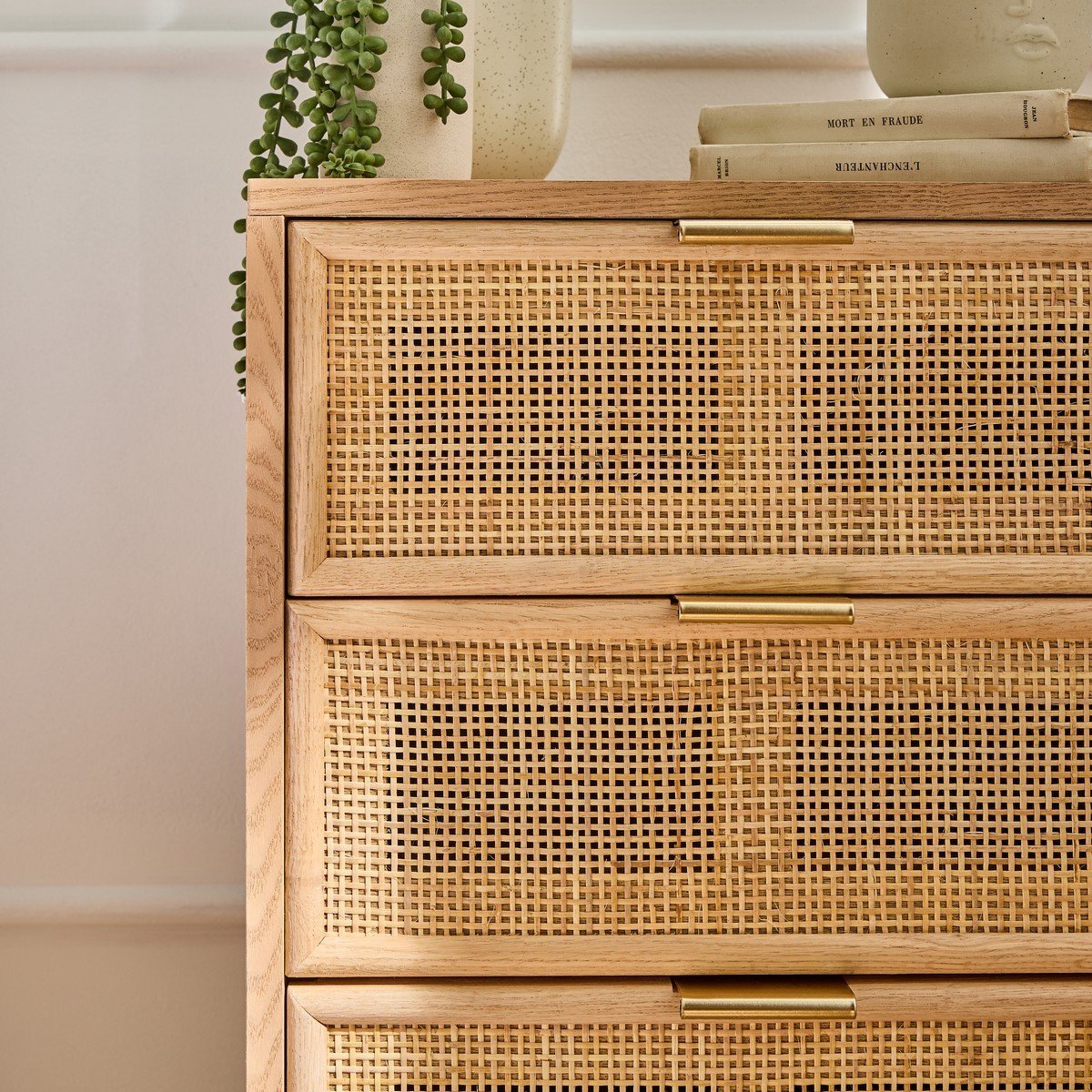 Table de chevet 3 Tiroirs Façade en Cannage Rotin Naturel - MIYA bois clair, CALICOSY