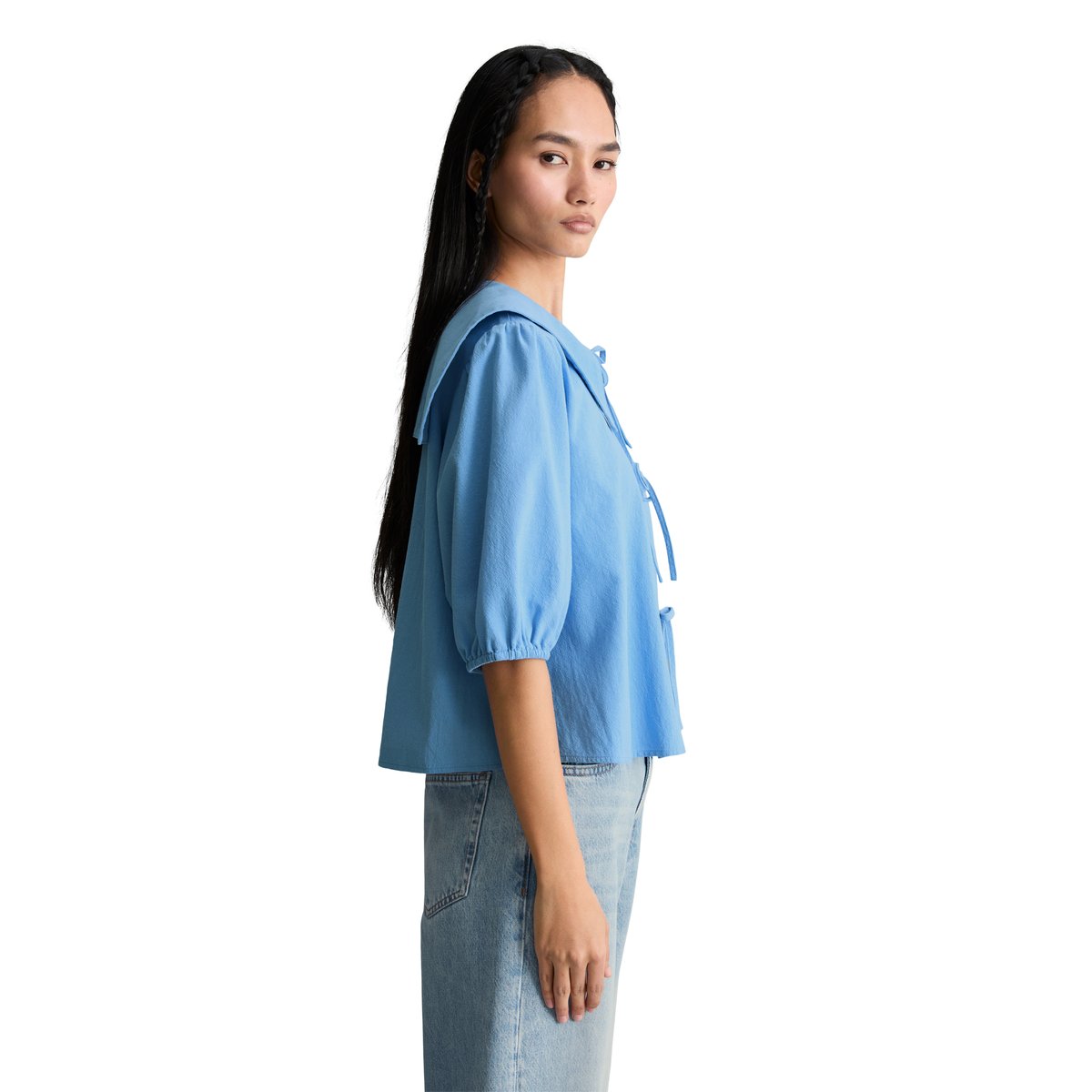 Blouse de marin à manches courtes Crinkle regular en coton bio léger bleu moyen, MARC O’POLO DENIM
