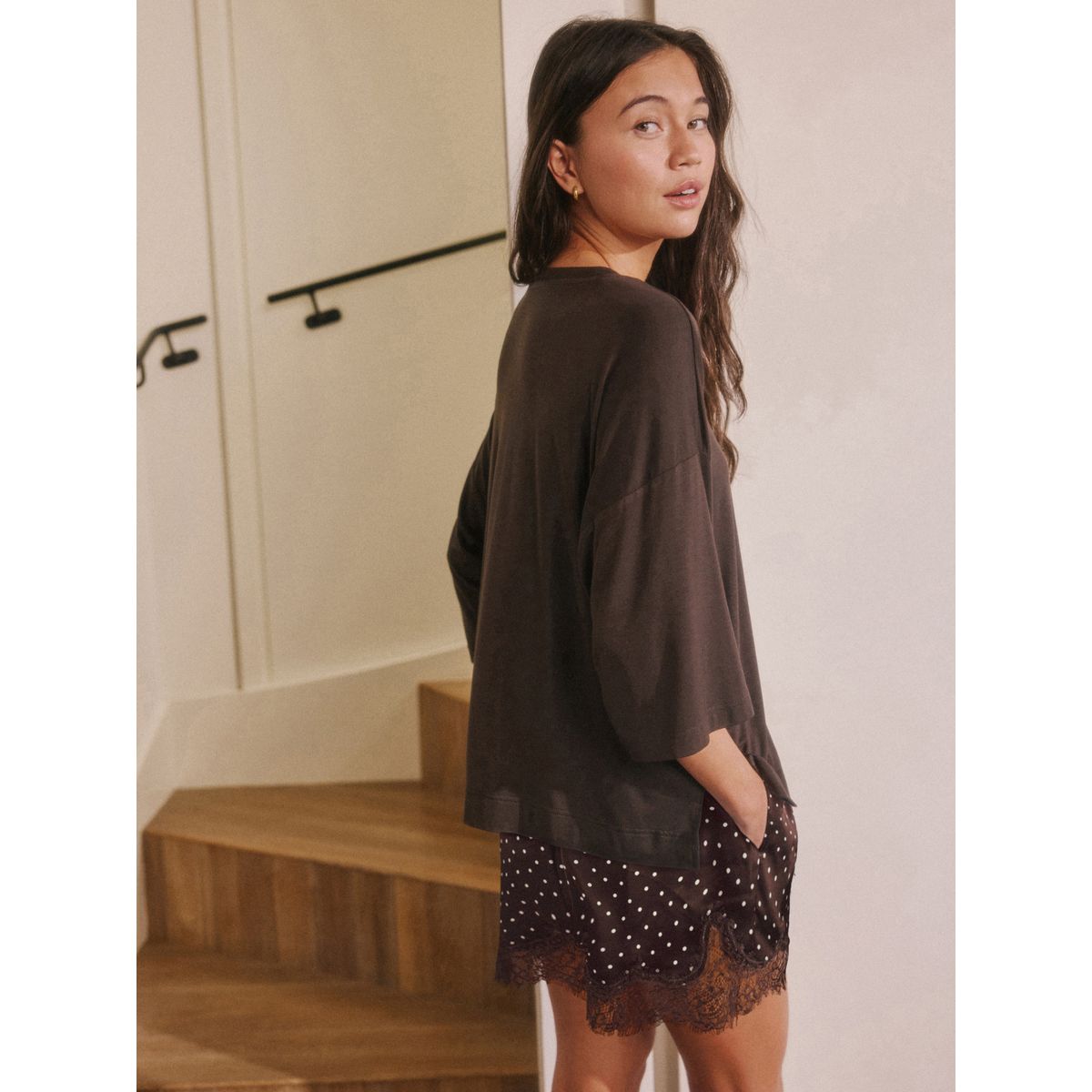 Ensemble pyjama short à détails dentelle tache brun chocolat, NEXT