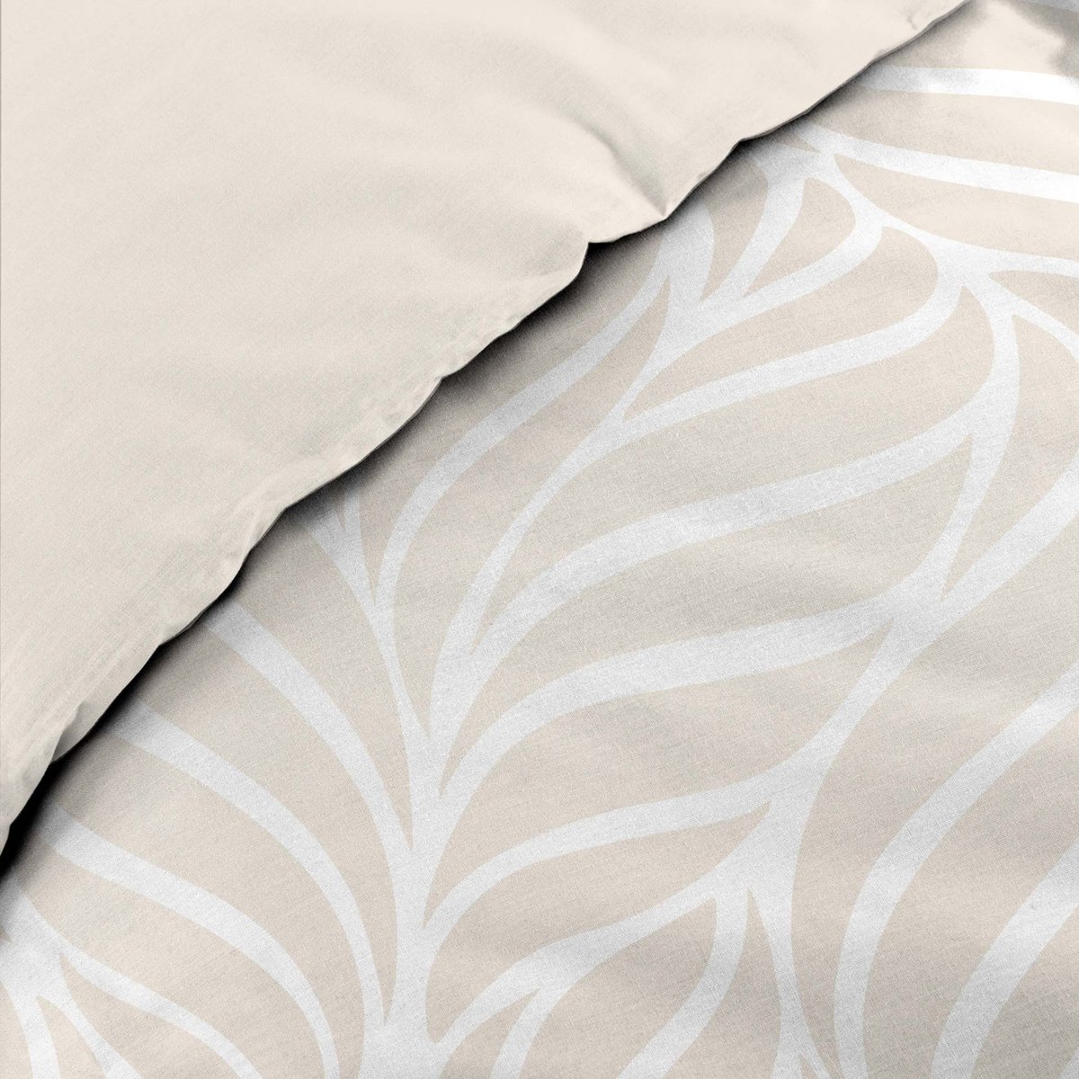 Parure de lit 3 pièces en coton feuille design housse + taies naturel, DOUCEUR D'INTÉRIEUR