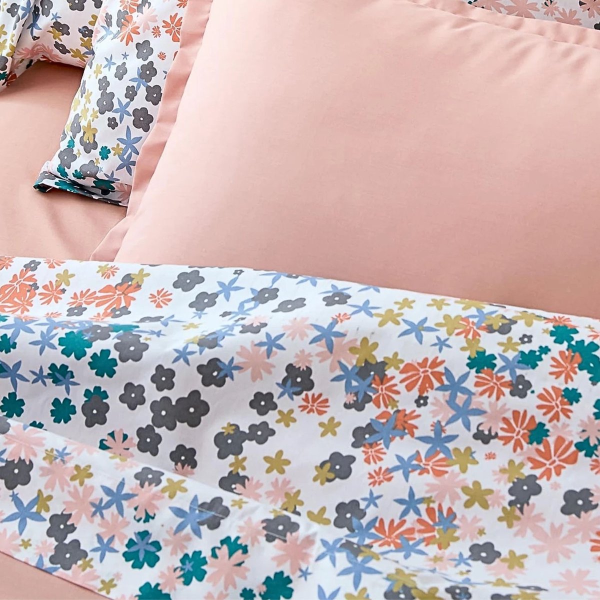 Drap plat percale de coton 80 fils motif floral rose, TRADILINGE