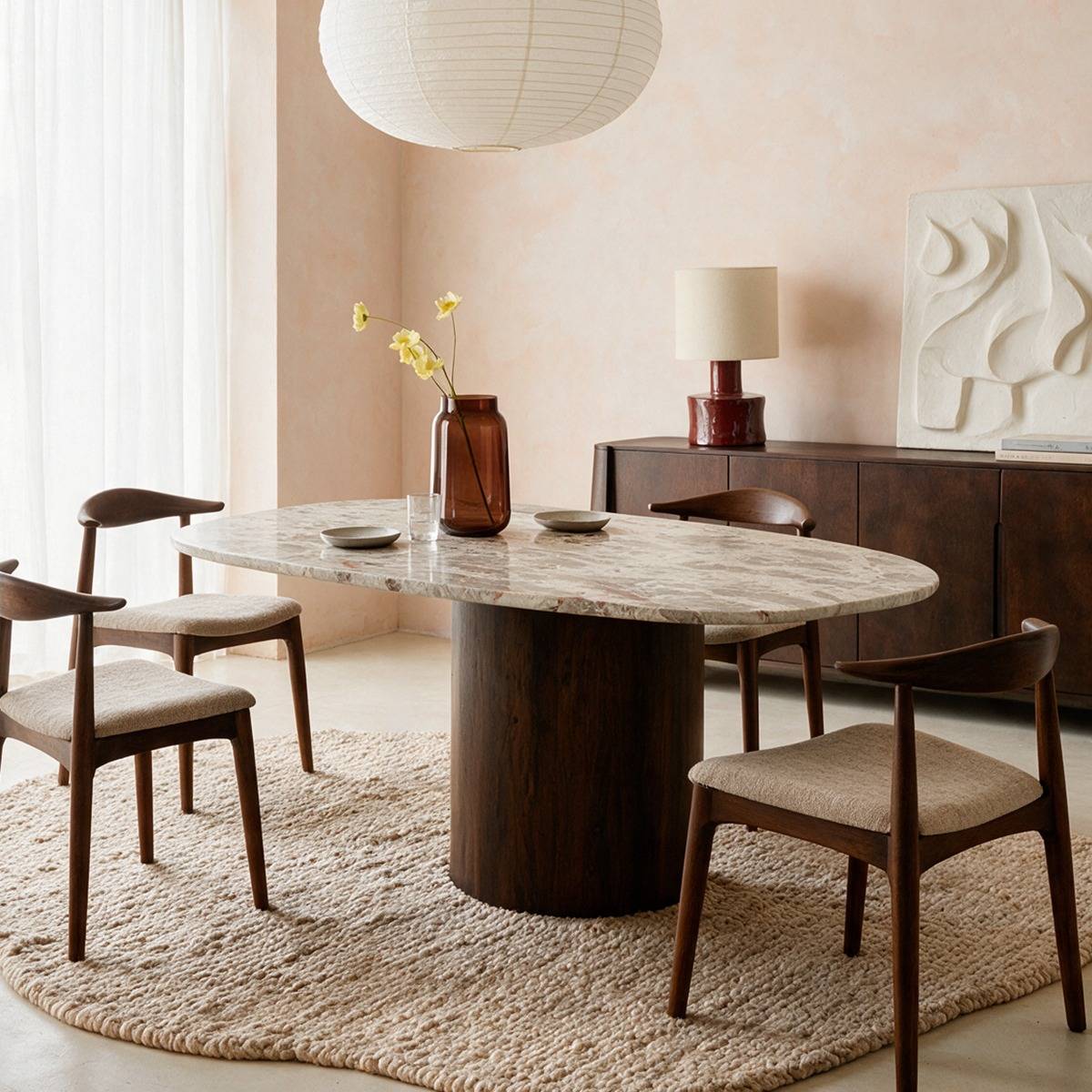Table à manger en bois de manguier et en marbre AGNES bois foncé, MADE IN MEUBLES