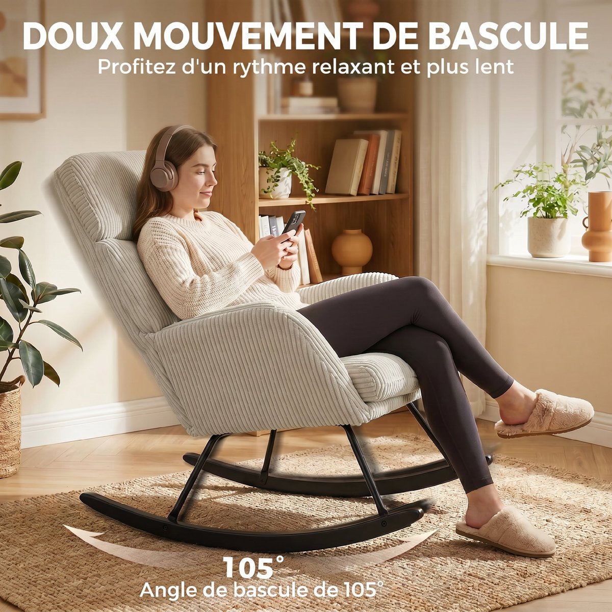 Fauteuil à bascule Velours côtelé (100% beige, HOMCOM