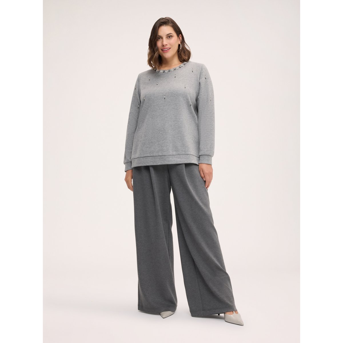 Sweat-shirt avec strass et perles gris, FIORELLA RUBINO