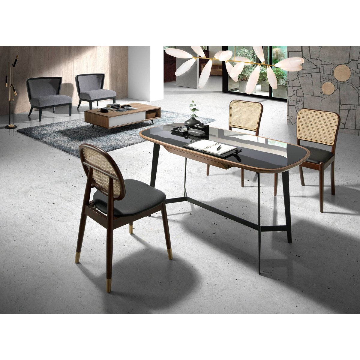Chaise en rotin et similicuir noyer | noir, ANGEL CERDA