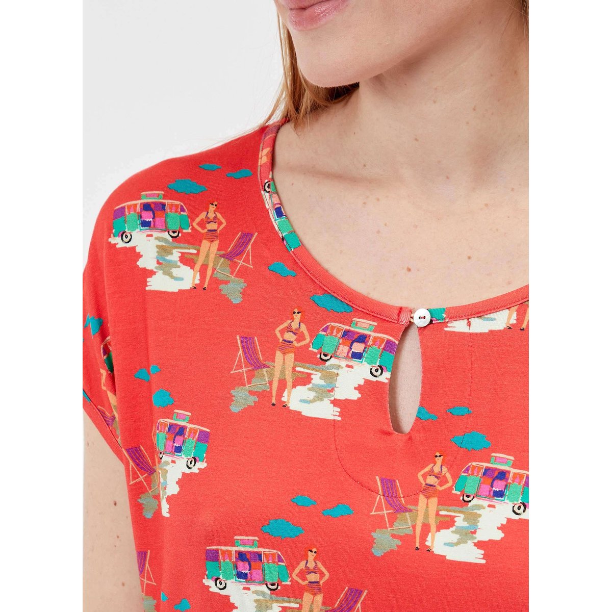 Top imprimé fluide motif rétro MIA rouge caravane, PRINCESSE NOMADE