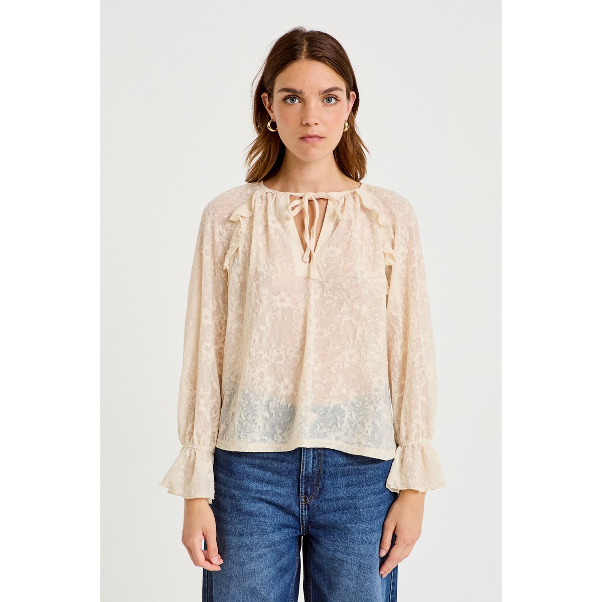 Blouse droite manches longues col rond ecru, CACHE CACHE
