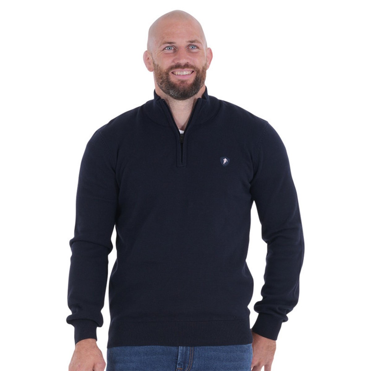 Sweat zippé en coton mélangé marine uni avec une coupe droite marine, RUCKFIELD