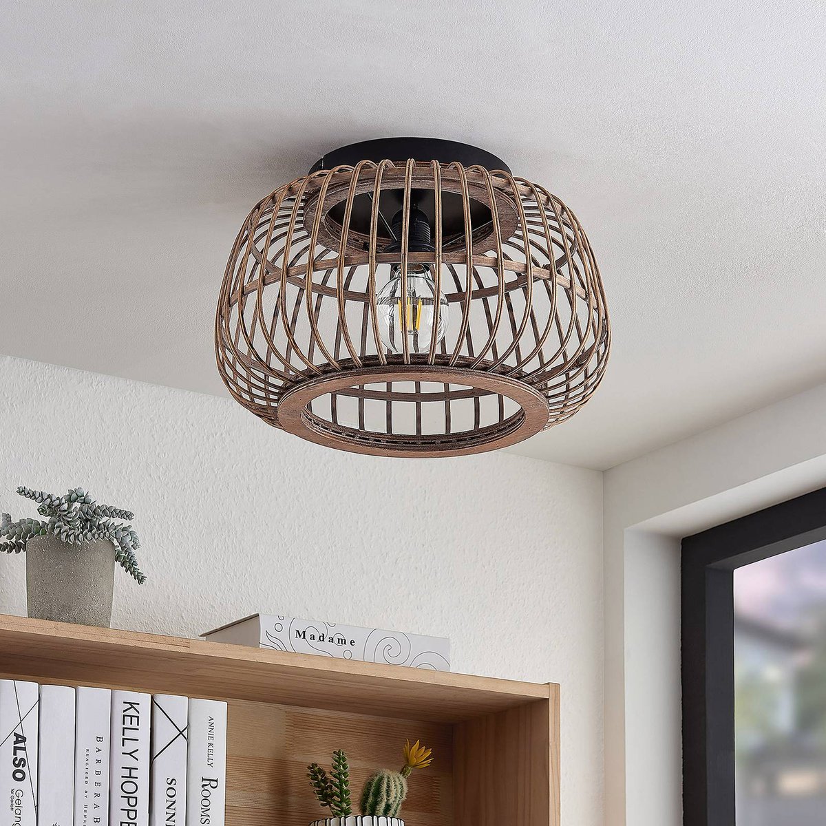 Plafonnier en bois scandinave, Bominio noir mat, bois clair, LINDBY
