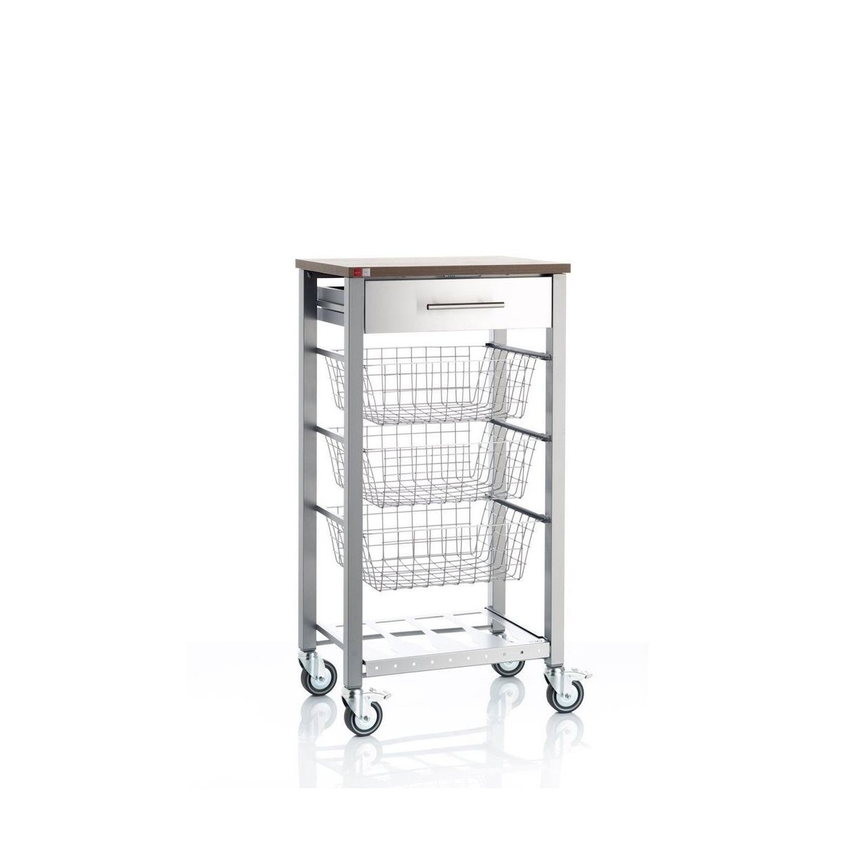 Desserte de cuisine à roulettes ONDA ALUMINIUM avec 3 paniers, tiroir et porte-bouteilles cerisier le gard, DON HIERRO