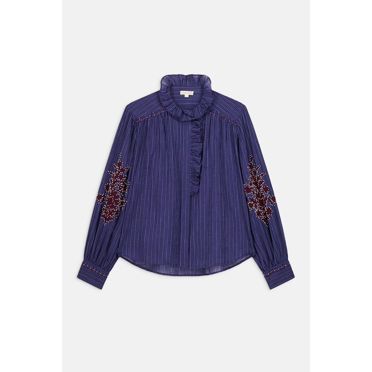 Blouse brodée à col volanté et rayures, CORA marine, LOUISE MISHA