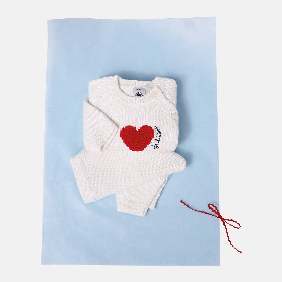 Completo in maglia jacquard, motivo a cuori ecru , PETIT BATEAU