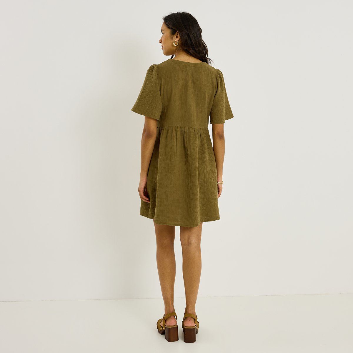 Robe courte en gaze de coton vert kaki, GRAIN DE MALICE