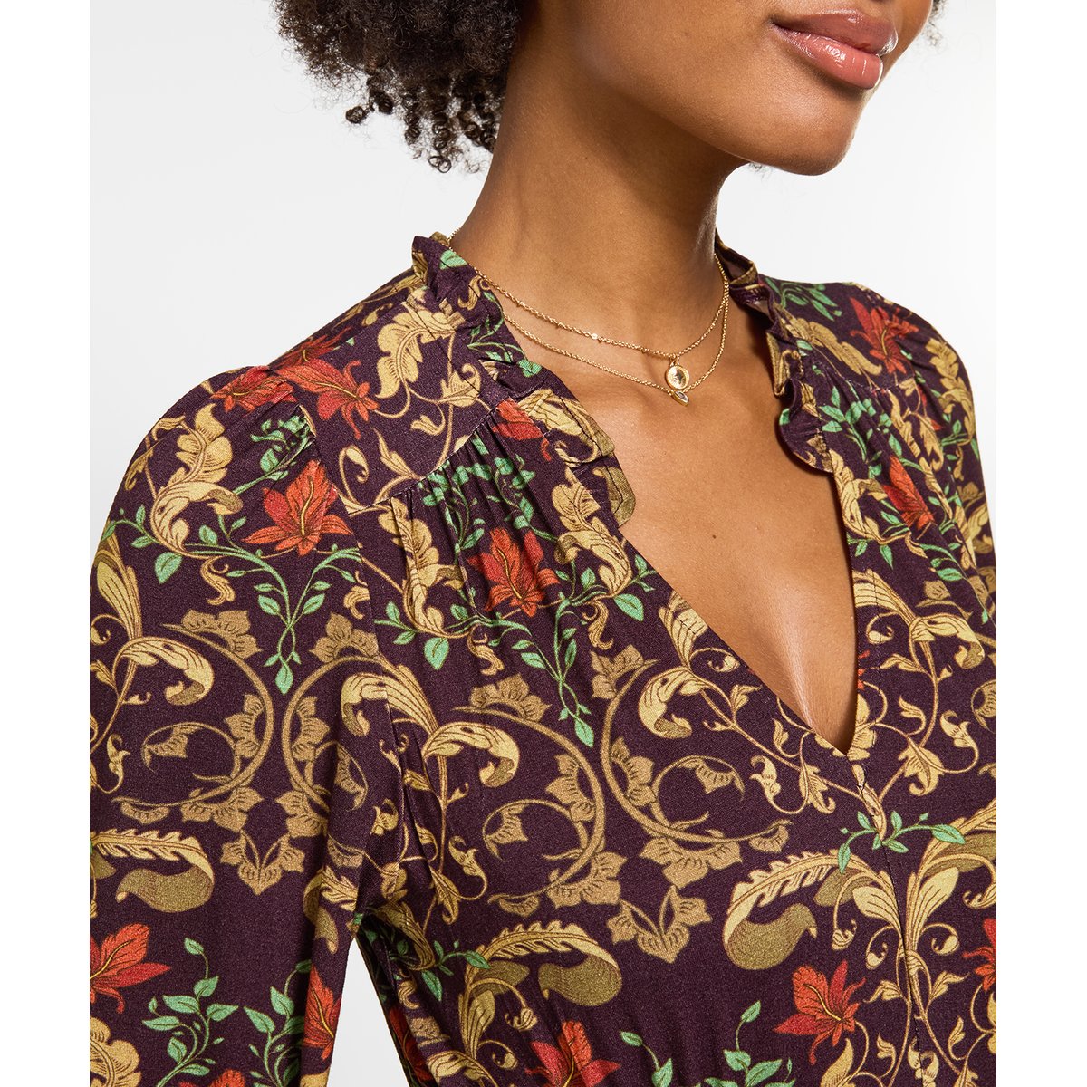 Élégante Robe Mi-Longue en Jersey à Manches Longues Motif Feuilles marron, JOE BROWNS