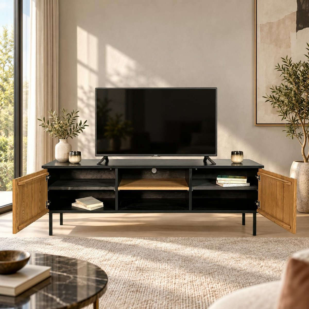 Meuble TV en bois bicolore avec façade ondulée TARAN bois naturel, PIER IMPORT
