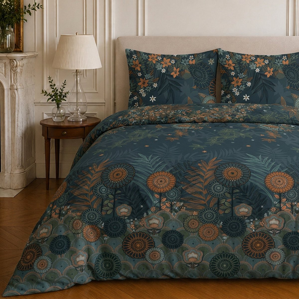 Parure de lit en microfibre motif floral, FLOWER NIGHT bleu nuit, C DESIGN HOME TEXTILE