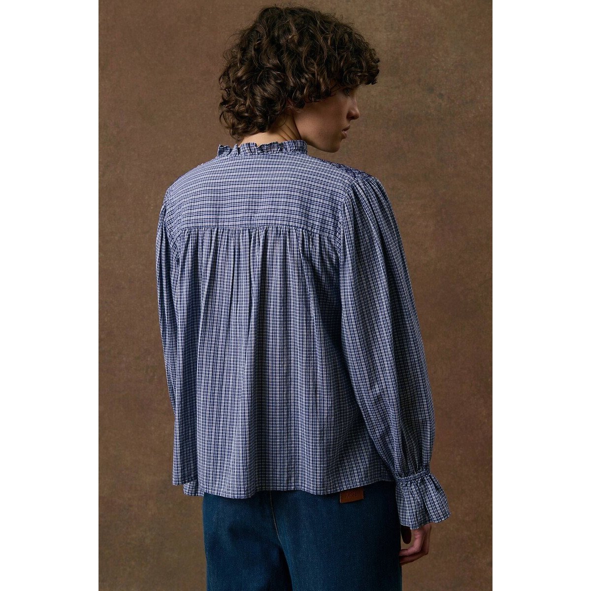 Blouse à carreaux et smocks col rond, ILEANA indigo, LOUISE MISHA