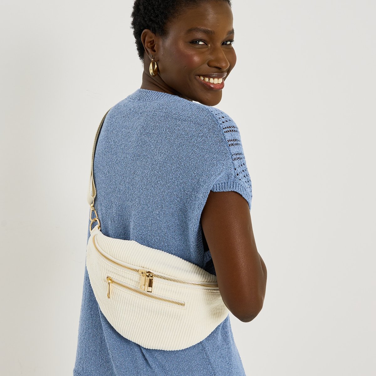 Sac banane en velours côtelé blanc cassé ecru, GRAIN DE MALICE