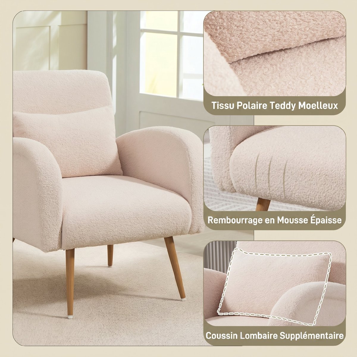 Accent Chair Tissu peluche teddy Beige beige, HOMCOM