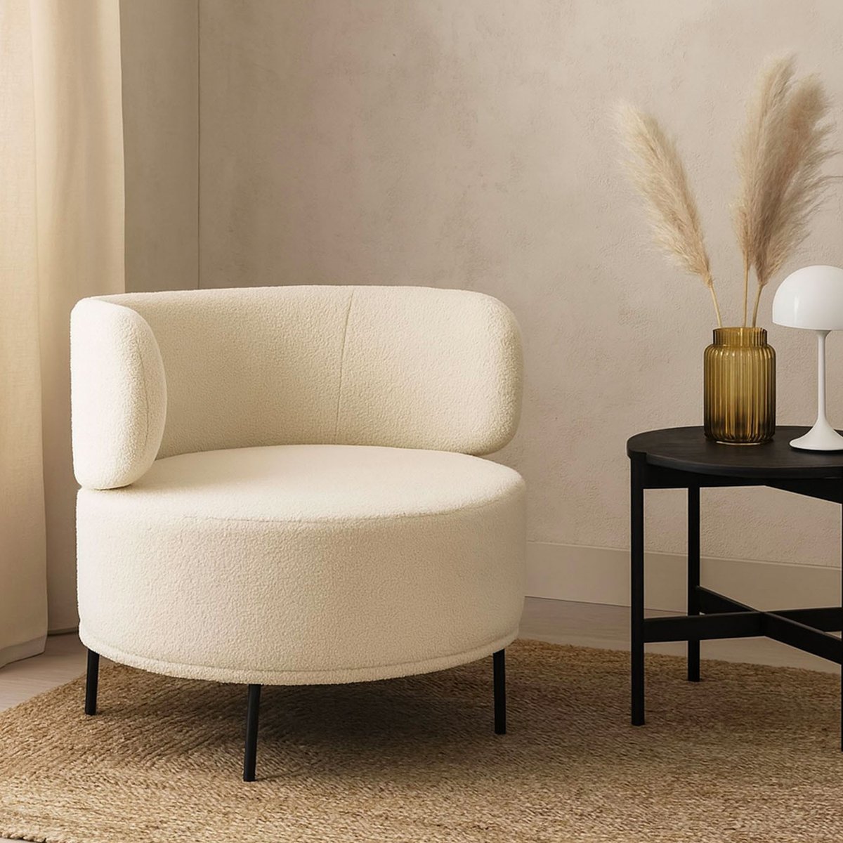 Fauteuil design tissu bouclette blanc crème 73x68x70cm blanc, WADIGA