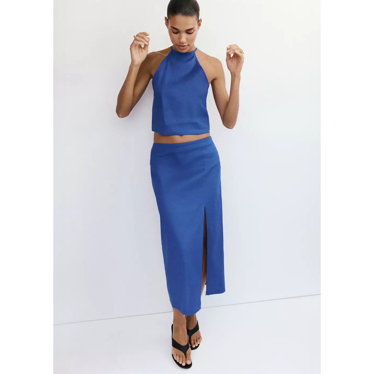 Jupe midi en mélange de lin et coton bleu, MANGO