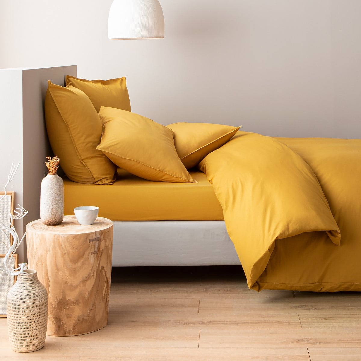 Parure de lit en percale de coton 120 fils- Taies carrées curcuma, COTTON & CO