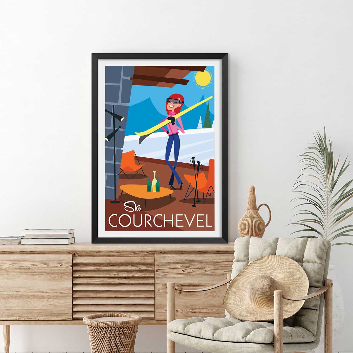 Affiche Ski à Courchevel affiche + cadre en bois - noir, HEXOA
