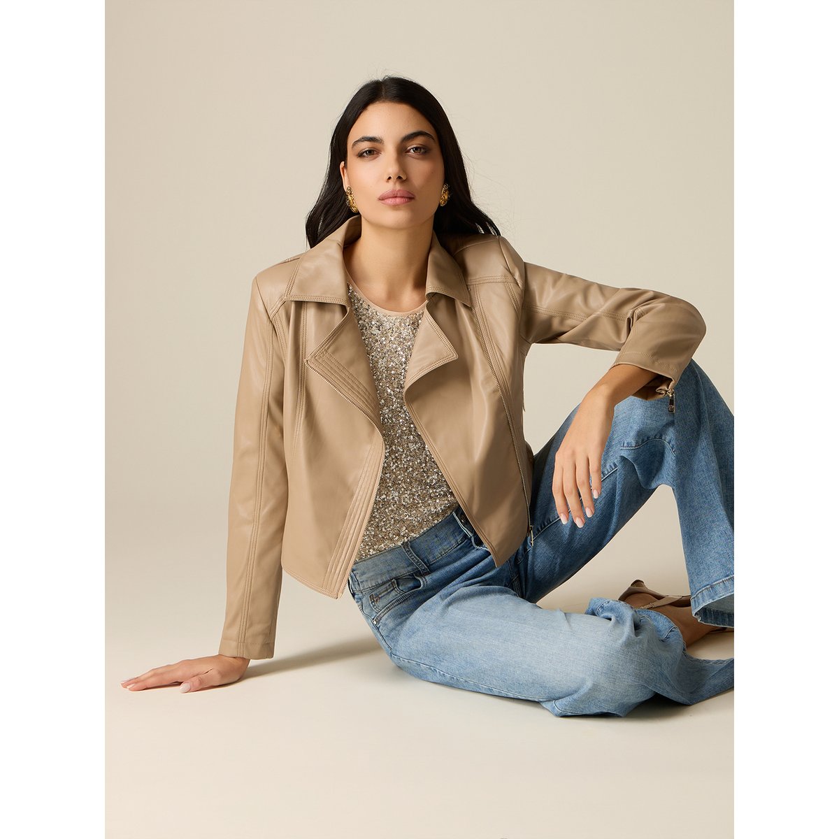 Blouson perfecto court beige, OLTRE