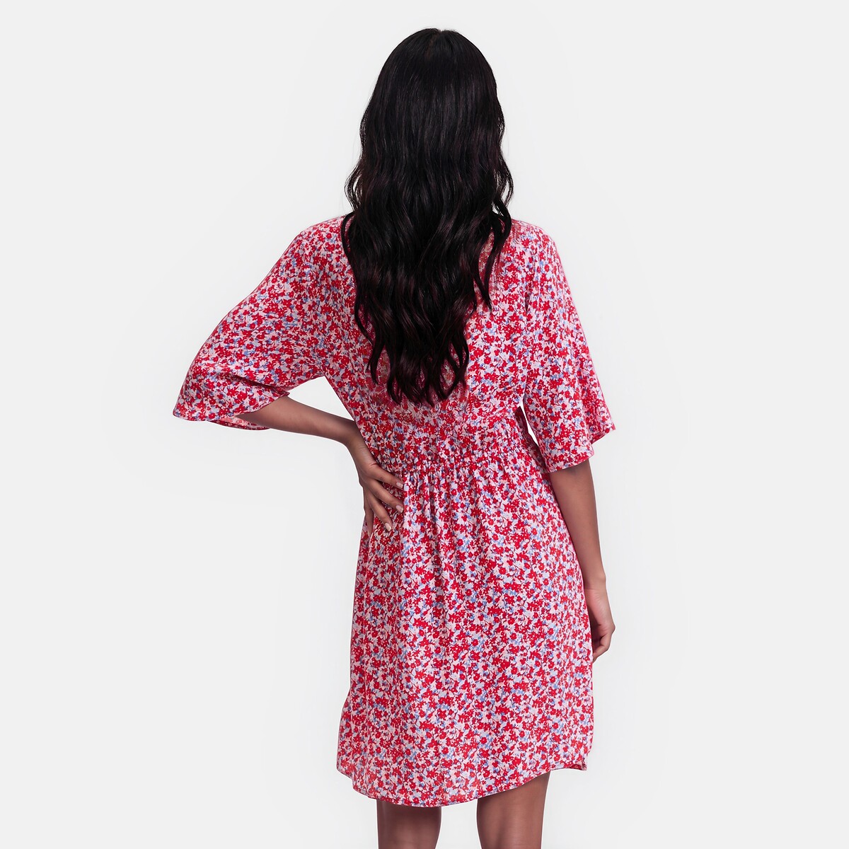 Robe cache-cœur évasée, imprimé floral, courte, manches courtes imprimé fleurs rouge, LA REDOUTE COLLECTIONS
