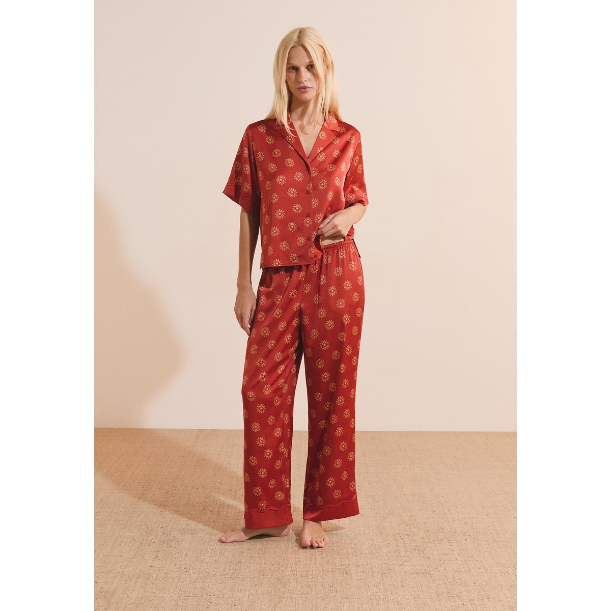 Pantalon de pyjama à motifs fleurs satiné MIRAE imp fd marron, ETAM