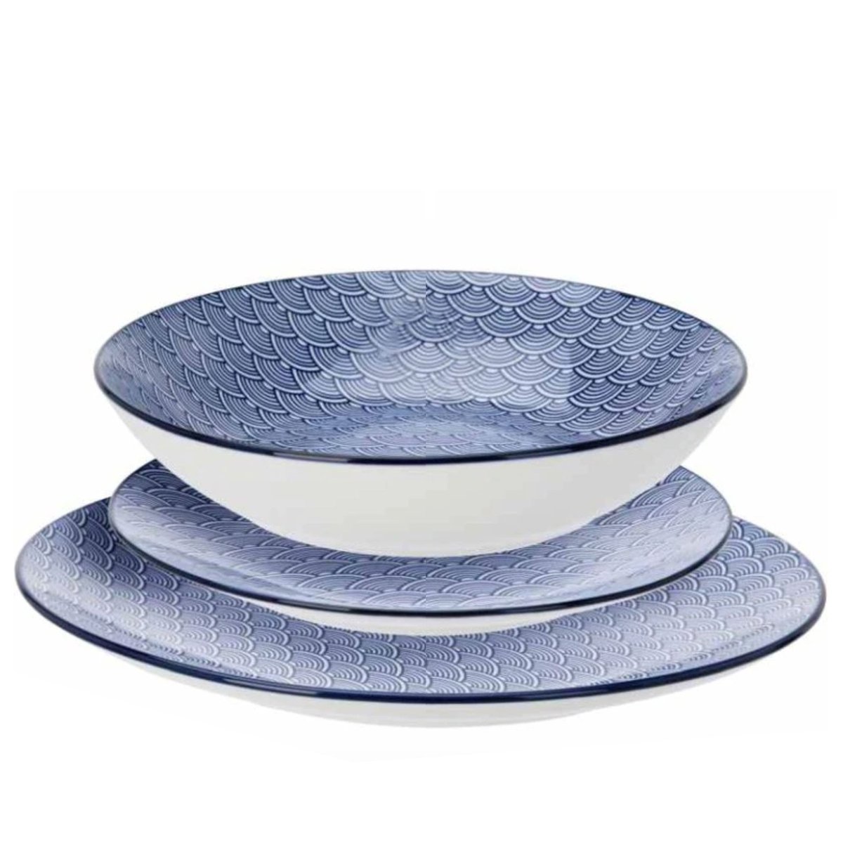 Service de 18 assiettes en porcelaine : plates, creuses et à dessert bleu & blanc, WADIGA