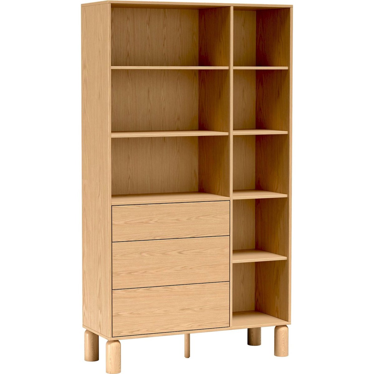 Bibliothèque SANDEN en bois avec tiroirs décor chêne bookmatch, RECOLLECTION
