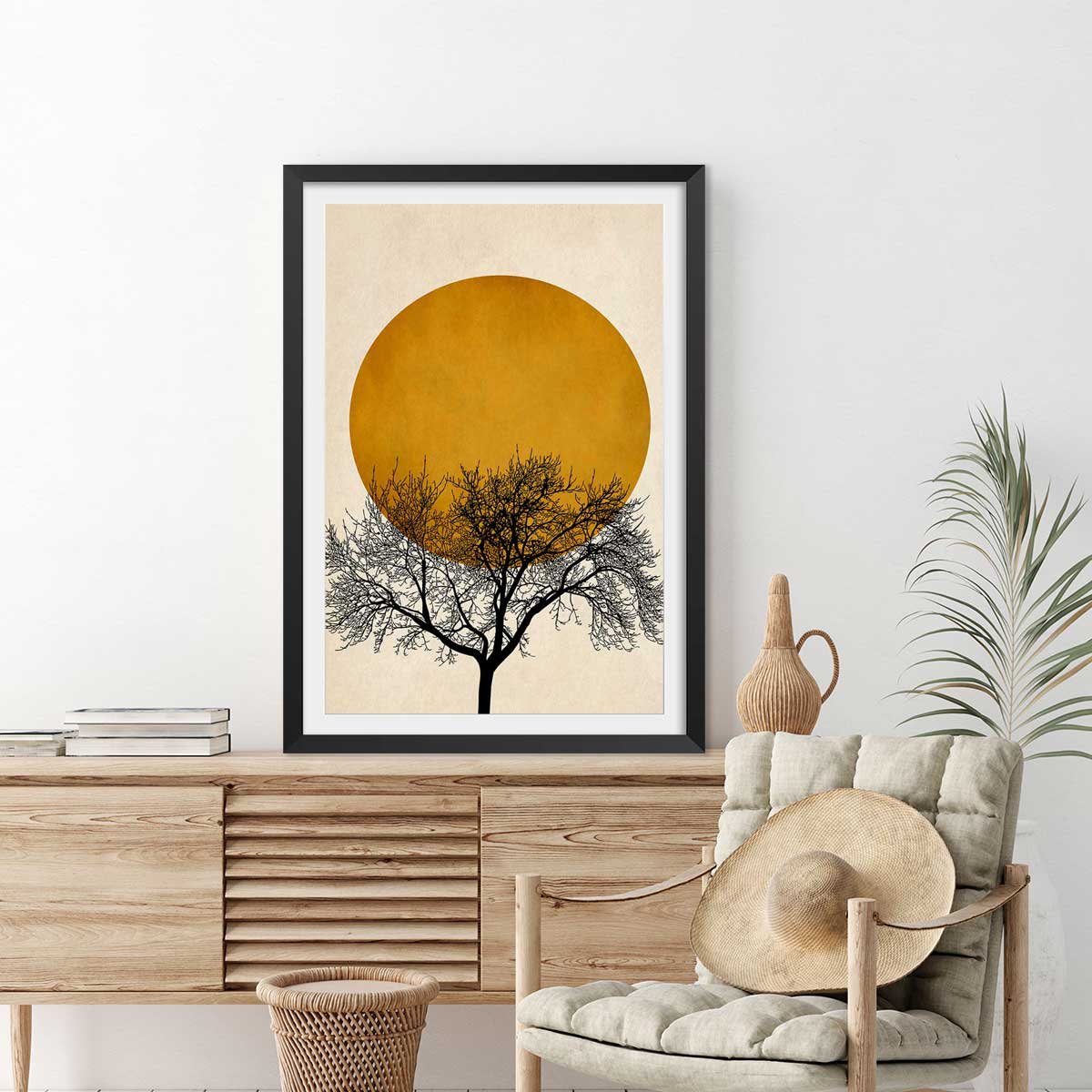 Affiche dessin arbre et sérénité affiche + cadre en bois - noir, HEXOA