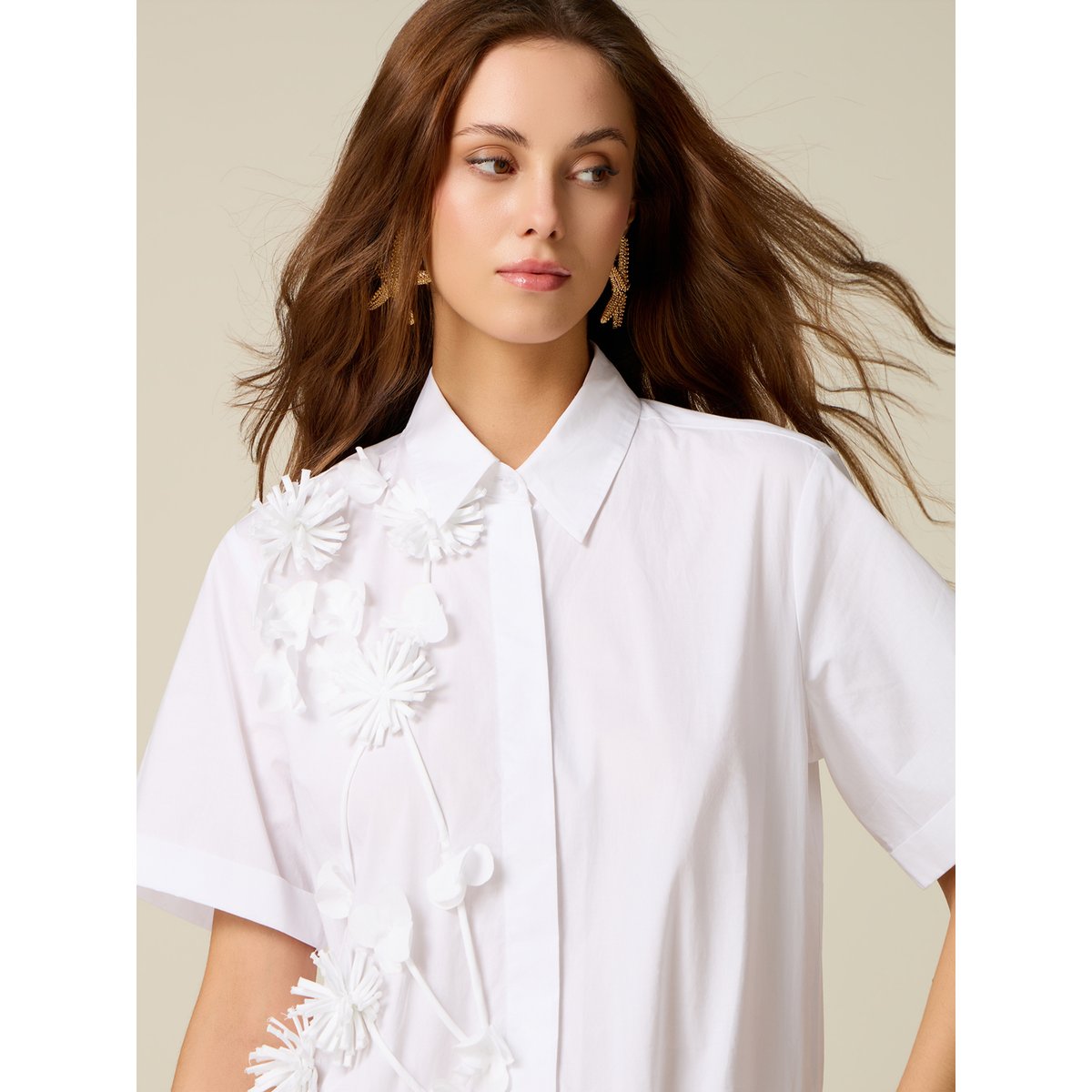 Robe chemisier avec fleurs appliquées blanc, OLTRE