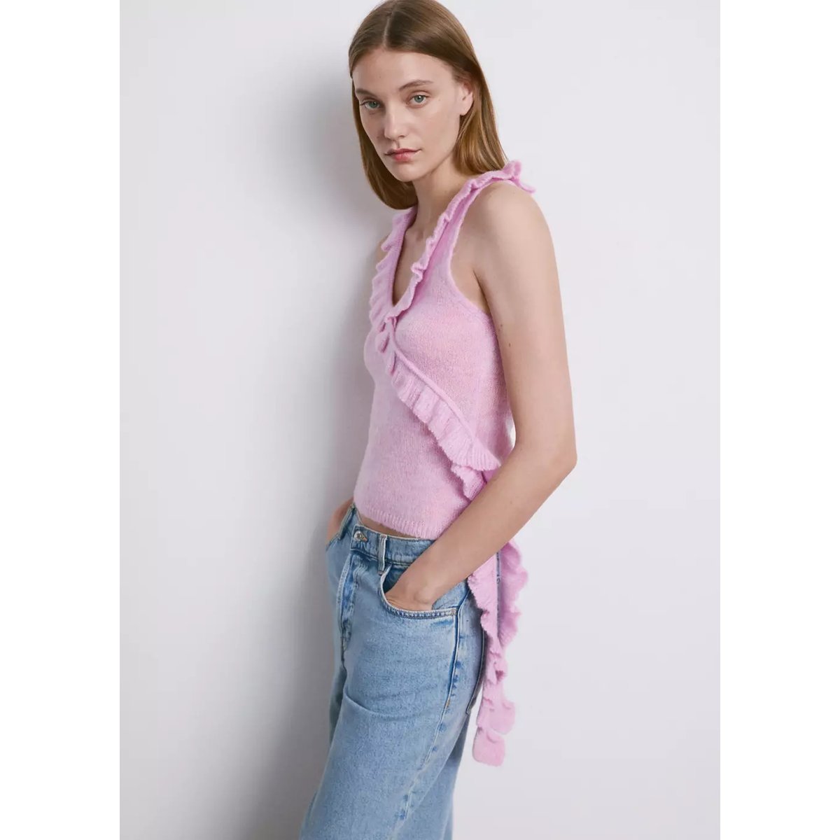 Top maille volants rose, MANGO