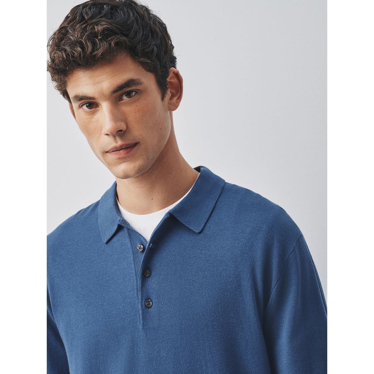 Polo en maille à manches longues bleu moyen, NEXT