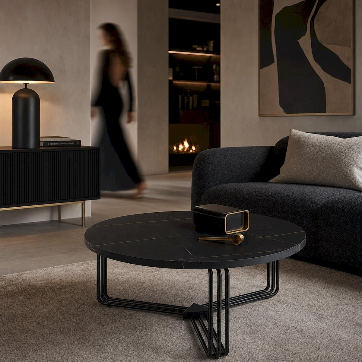 Table basse ronde en métal collection DENSURE noir effet marbre, RECOLLECTION