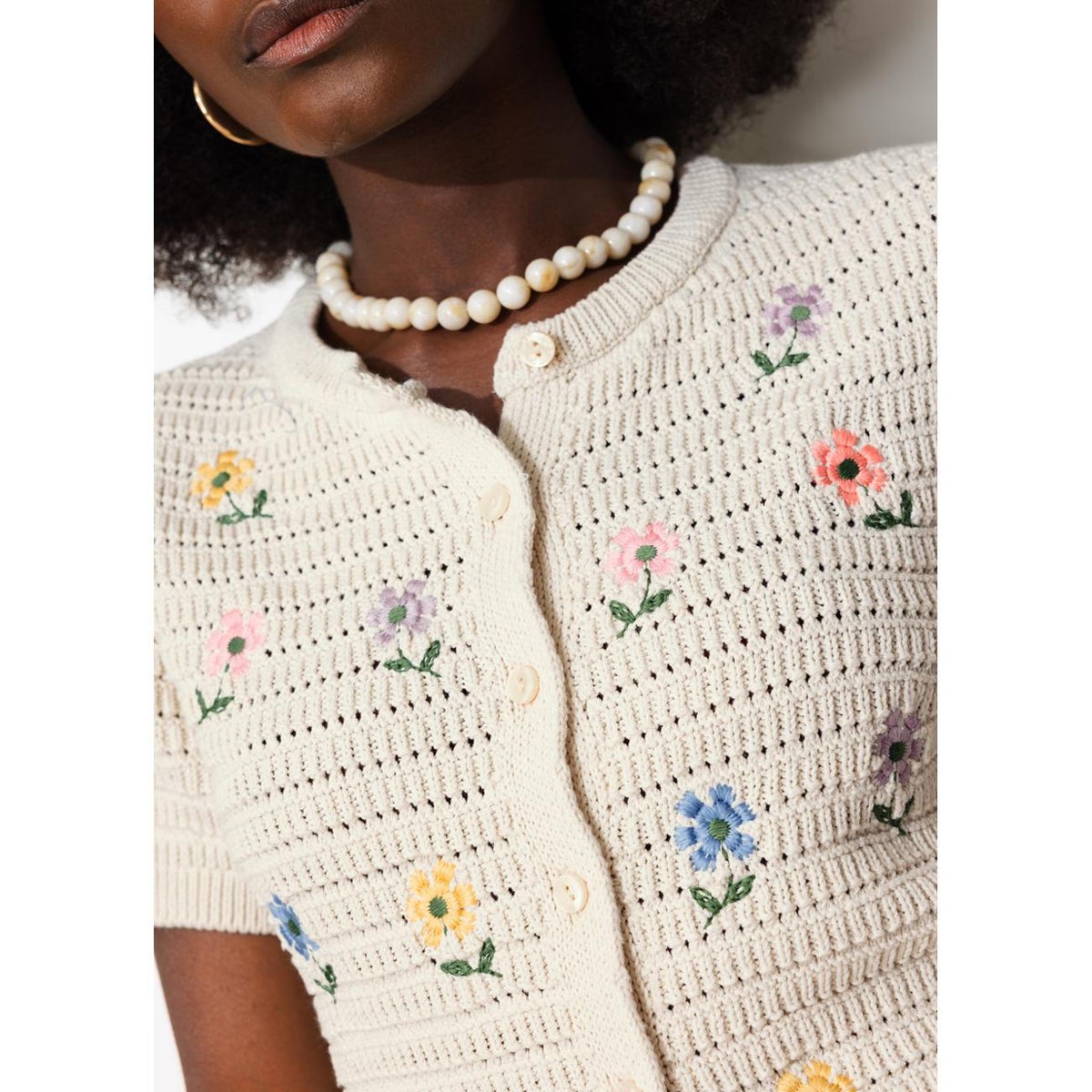 Cardigan brodé de fleurs ecru, PROMOD