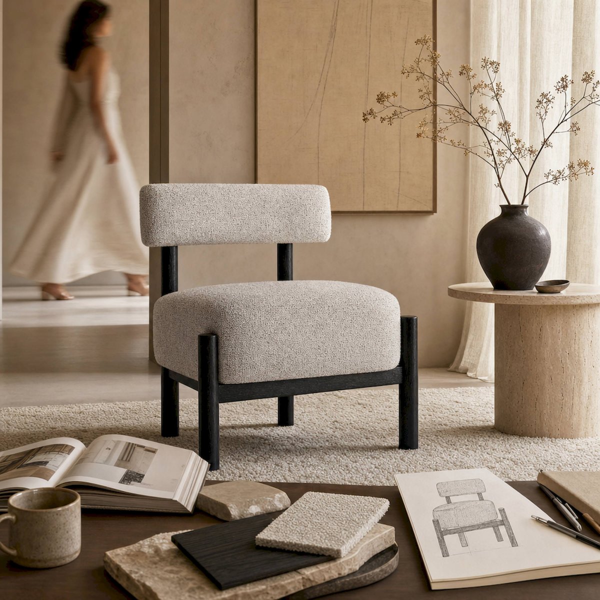 Fauteuil contemporain en bois et tissu blanc cassé et noir, RECOLLECTION