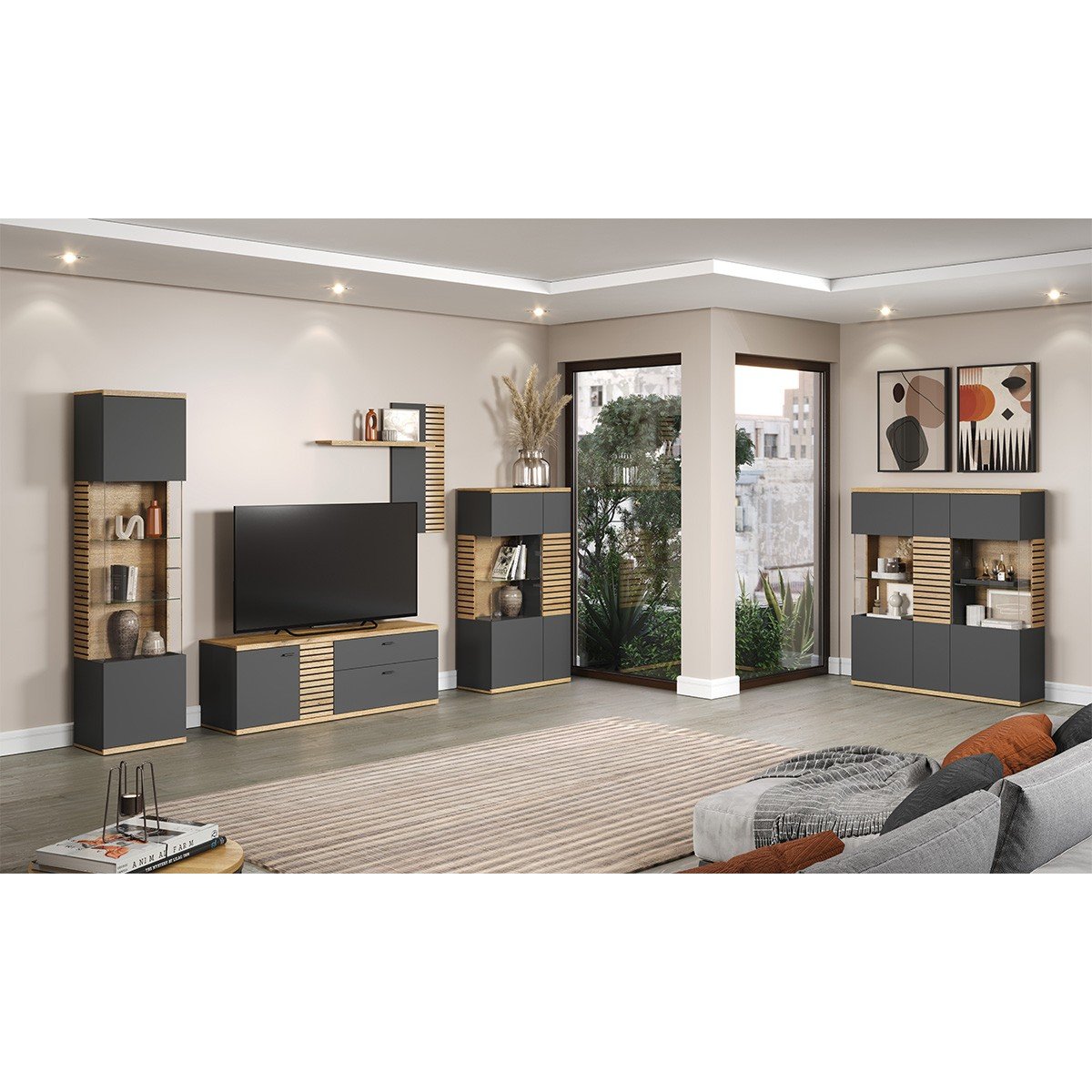 Buffet haut vitré 3 portes L131 cm - NORRIS gris anthracite, CALICOSY