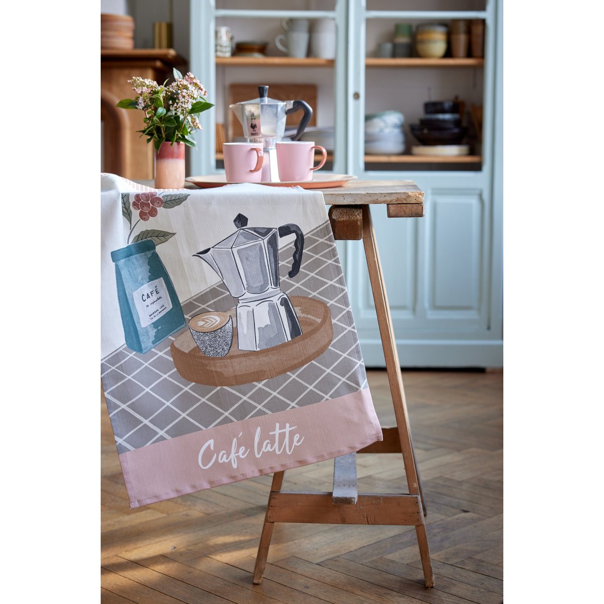 Torchon imprimé en coton et lin CAFÉ LATTE beige, COUCKE