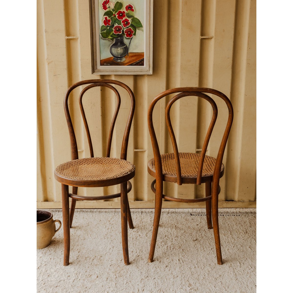 Lot de 3 chaises en bois et cannage Claude N°1628 - Bon état bois foncé, DEBONGOUT