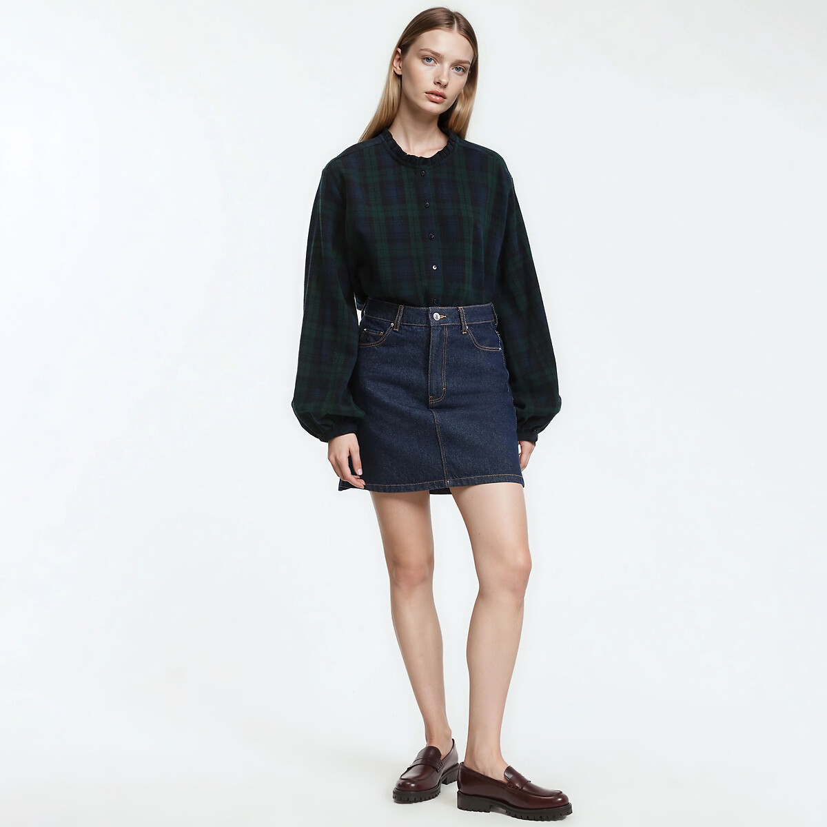 Checked Shirt with Victorian Collar checked blue/green, LA REDOUTE COLLECTIONS