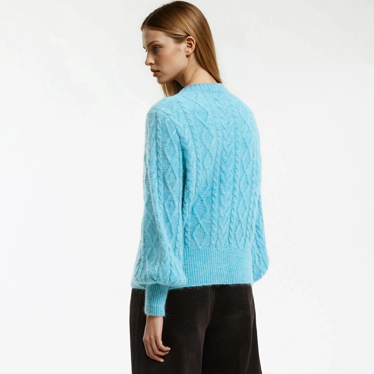 Cable Knit Cardigan in Alpaca and Wool Blend grey-blue, LA REDOUTE COLLECTIONS